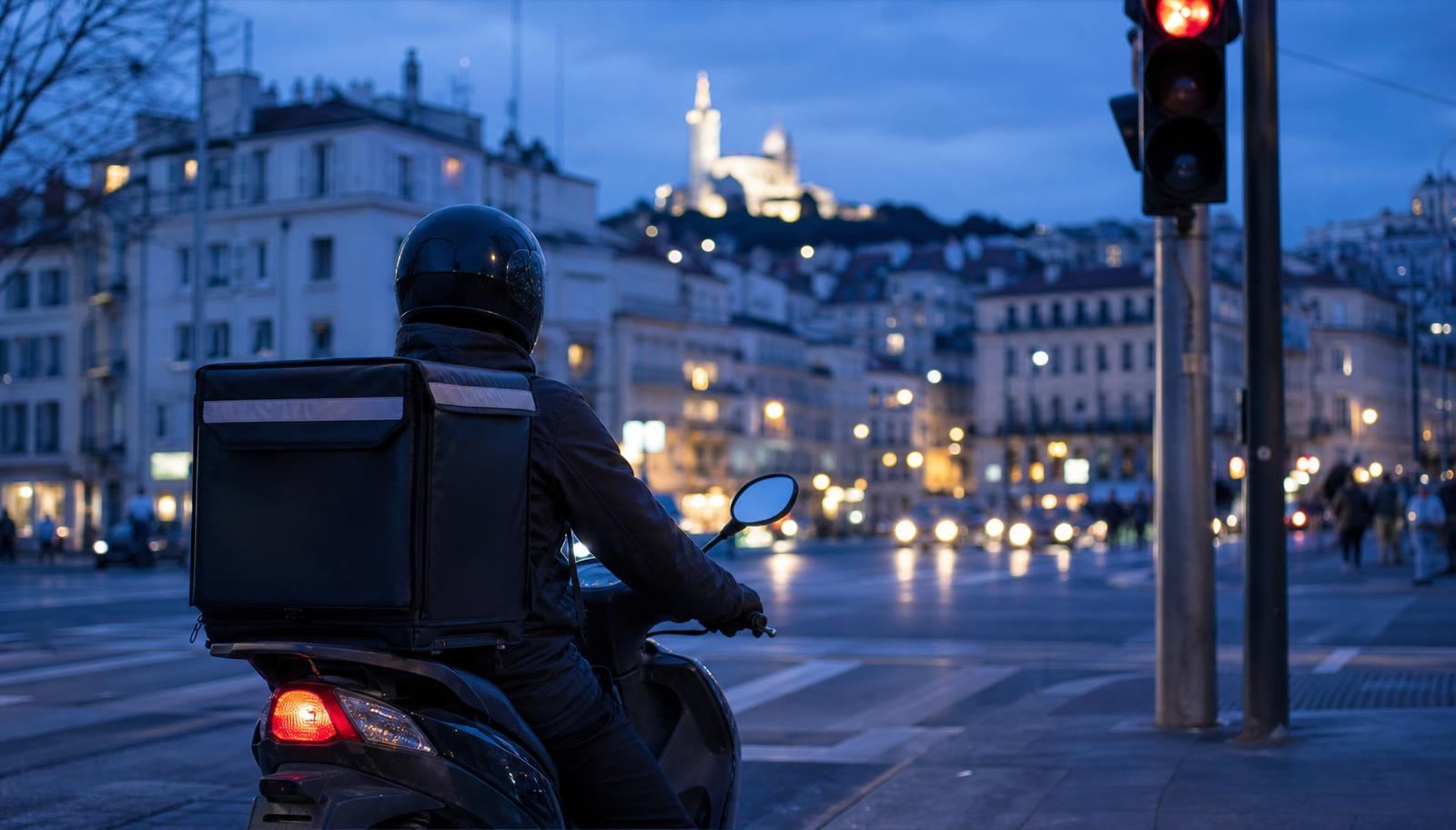 Un livreur à scooter attend au feu rouge dans une ville méditerranéenne à l'heure bleue.