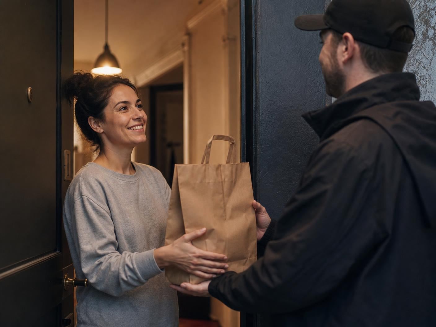 Une cliente reçoit sa commande sur le pas de sa porte, remise par un livreur.