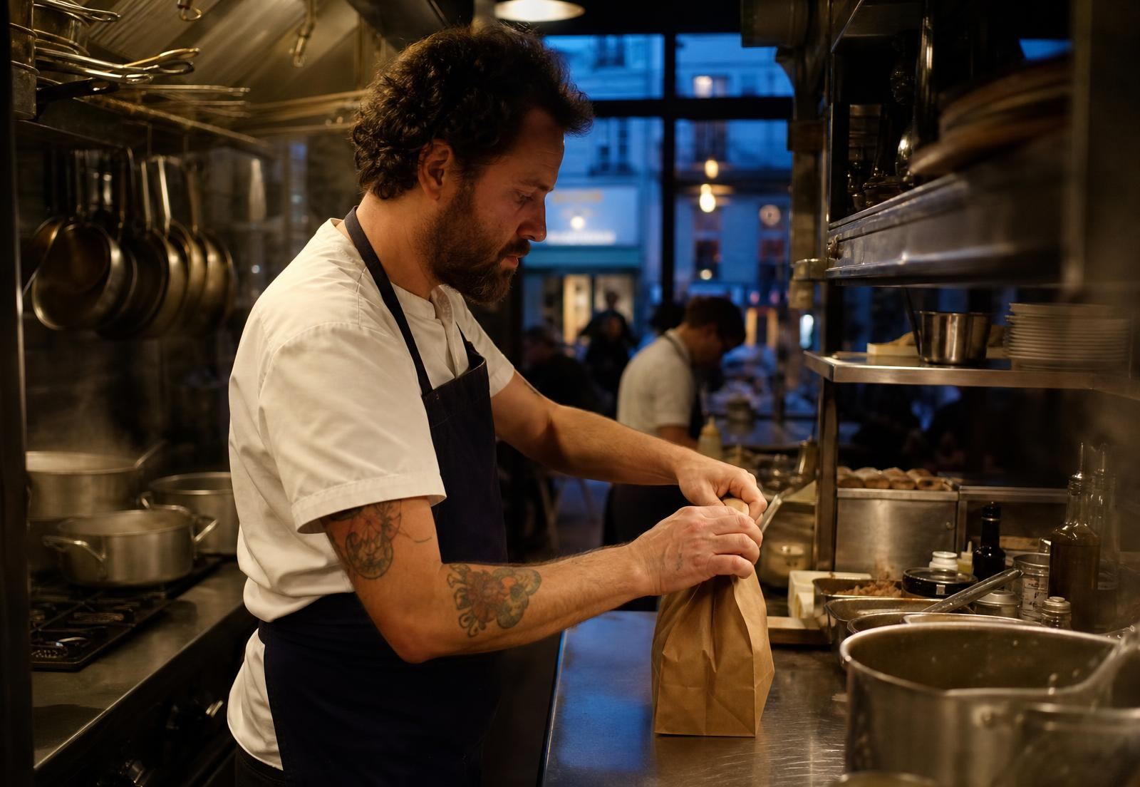 Un chef en tablier referme un sac de commande à emporter sur le passe d'une cuisine de restaurant.
