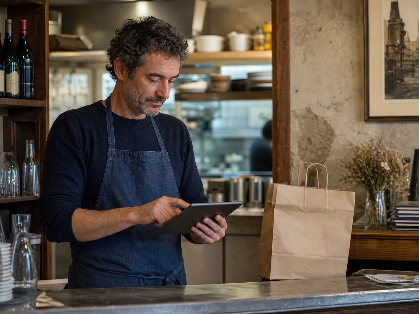 Un restaurateur consulte une tablette derrière son comptoir, une commande prête à côté de lui.